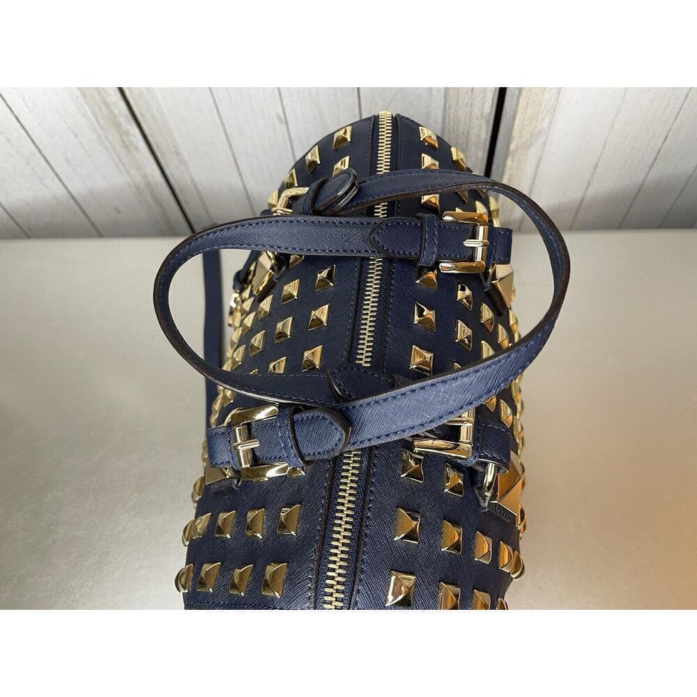 Michael Kors Navy Blue Leather Gold Studded Grayson Satchel Top Handle - Picture 8 of 12